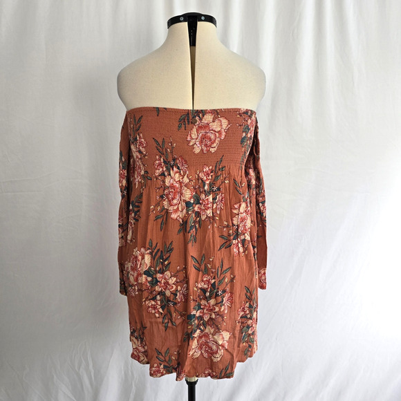 Billabong Night Fox Off Shoulder Dress L Rust Floral Long Sleeves - Picture 2 of 15